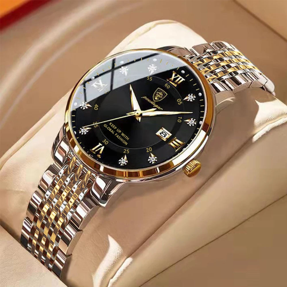 A luxurious women's wristwatch with a black dial, gold-tone Roman numerals, and crystal hour markers. The watch features a two-tone stainless steel bracelet with gold accents, combining elegance and modern sophistication. The sleek design is complemented by a date display and refined detailing, making it a stylish accessory for any occasion.